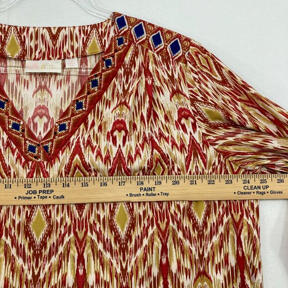 Belle Kim Gravel Size 1X Multi Color Boho Artsy Print V Neck Stretch knit Top - Picture 5 of 8